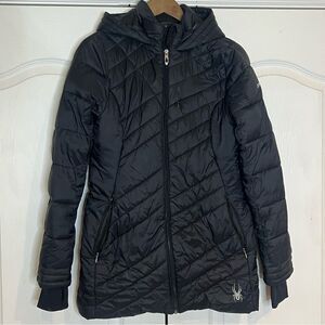 Spyder Puffer Black Boundless Insulated Hooded Long Full Zip Logo Coat